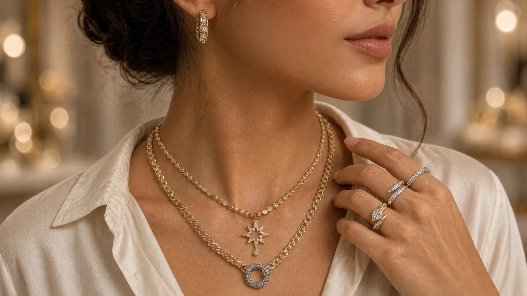 Layered gold-plated necklaces with a star pendant, crystal hoops, and a stack of rings