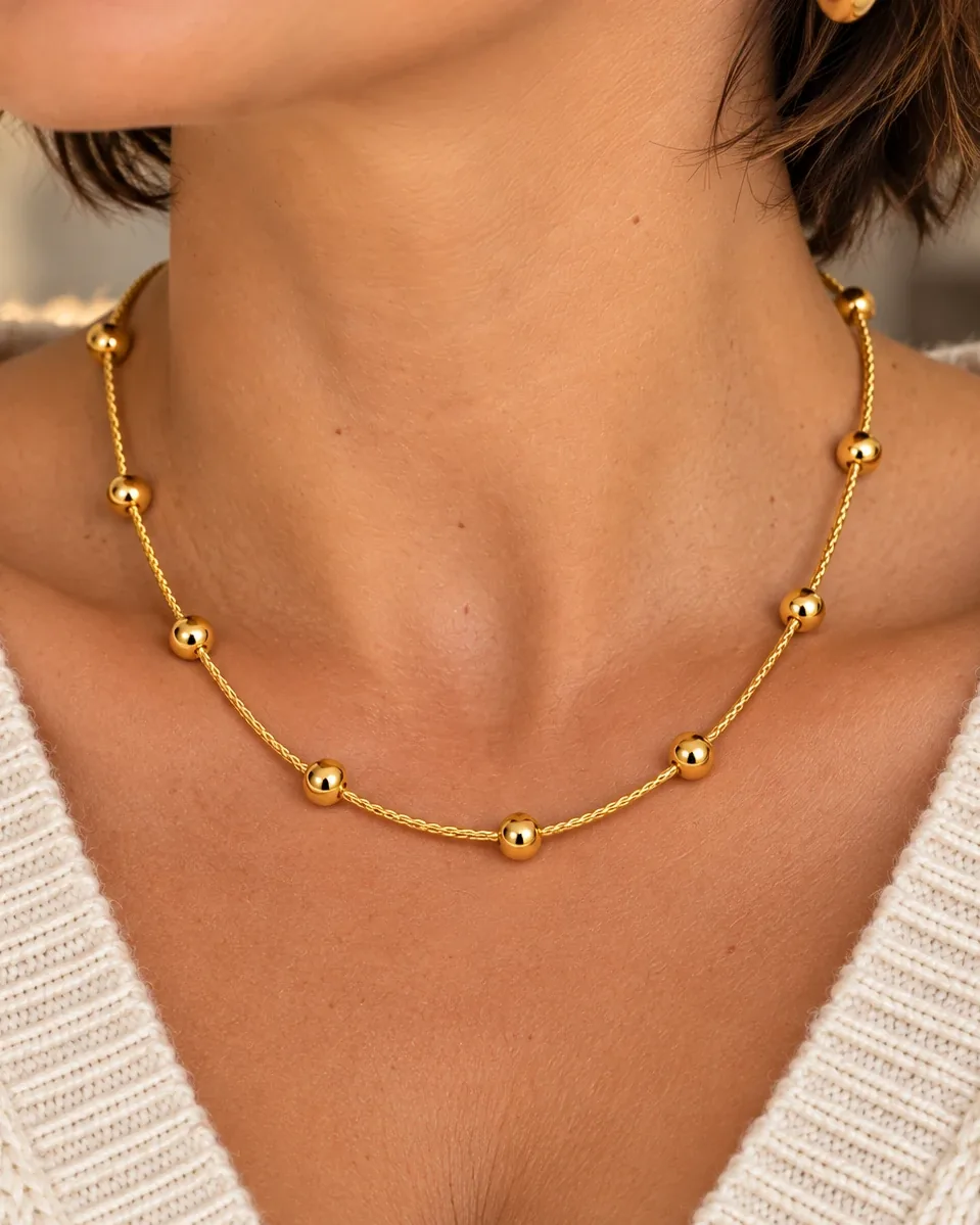 Gold Bead Snake Chain Necklace, handcrafted jewelry