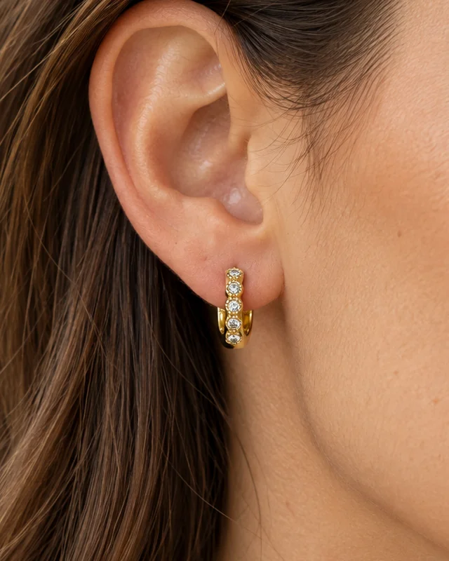 Gold Round Stone Huggie Earrings, handcrafted jewelry
