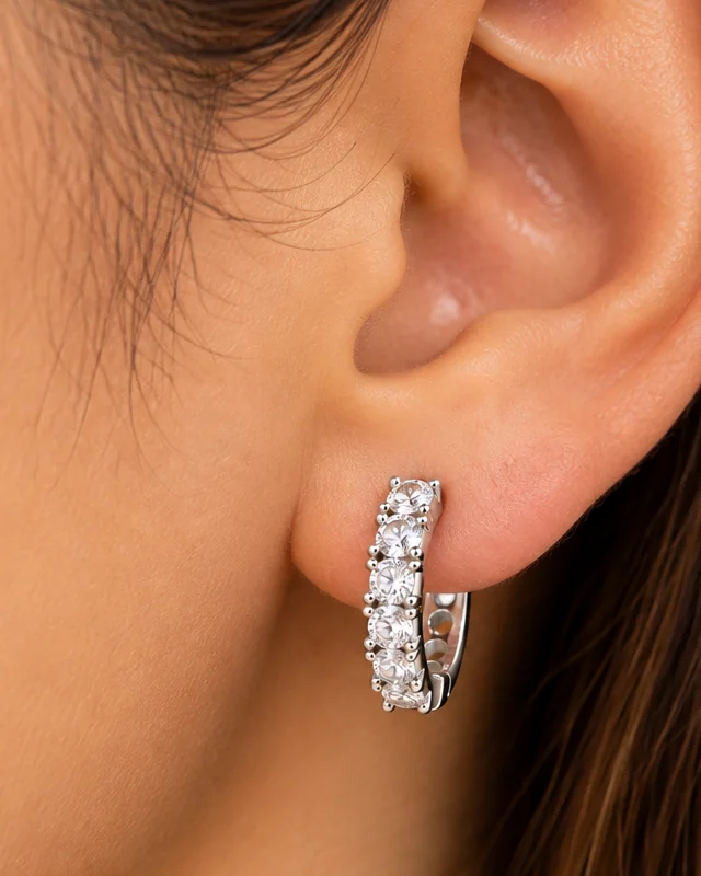 Silver Round Stone Huggie Earrings, handcrafted jewelry