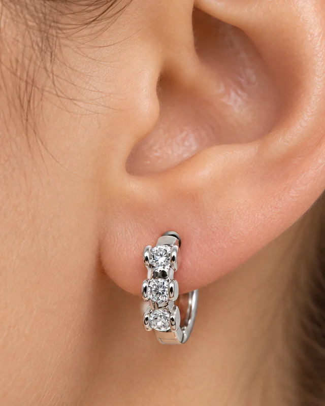 Three Stone Silver Huggie Earrings, handcrafted jewelry